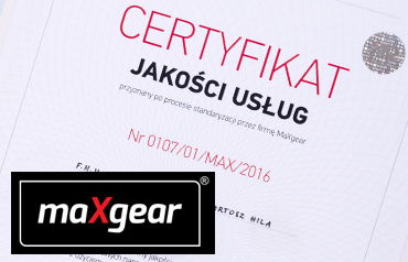 Certyfikat Jakości Usług MAXGEAR dla serwizu samochodowego BH-TRANS Łososina Dolna